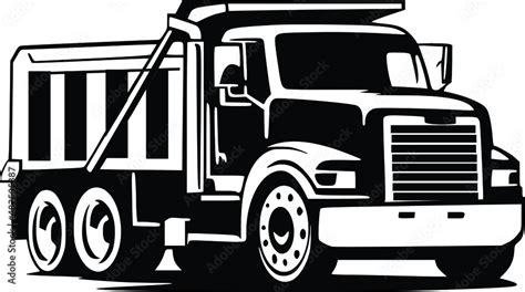 dump truck car vector on black and white background, dump truck silhouette, truck isolated on ...