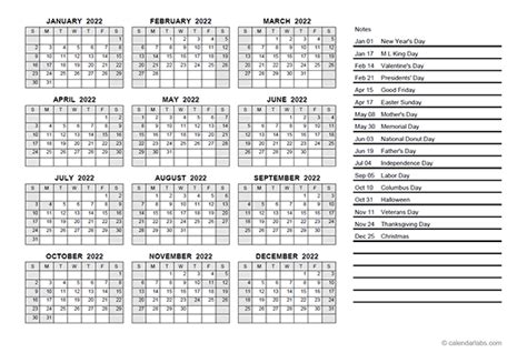 2022 Yearly Calendar PDF - Free Printable Templates