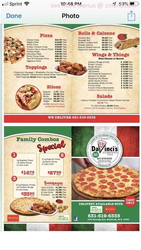 Menu at Davincis Pizza pizzeria, Holbrook