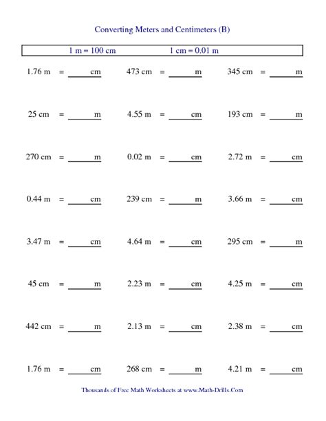 Measurement Worksheet -- Metric Conversion of Meters and Centimeters (B) | Fourth Grade Math ...