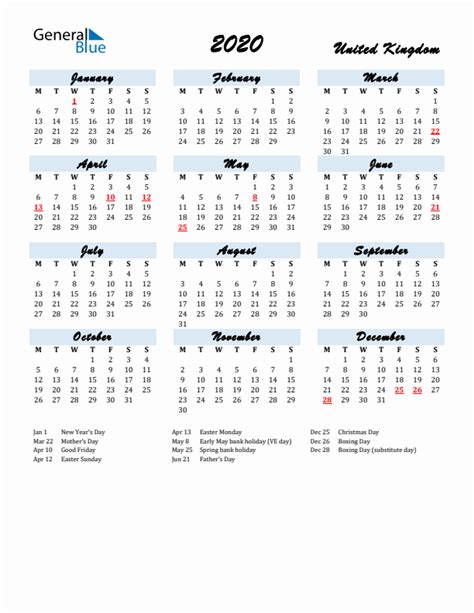 2020 Yearly Calendar for United Kingdom with Holidays