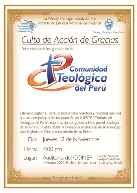 Invitación al culto de acción de gracias, por el lanzamiento de la Comunidad Teológica del Perú ...