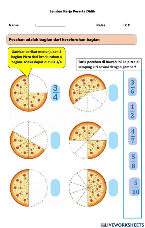 Mengindetifikasi Pecahan Pizza worksheet | Live Worksheets