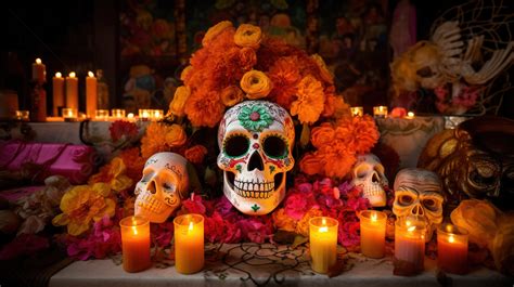 Day Of The Dead Altar With Colored Candles With White And Orange Skulls Background, Day Of The ...