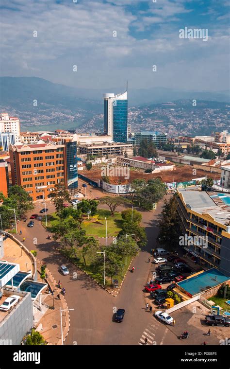 Kigali, Rwanda - September 21, 2018: a sunny view of the city centre with Kigali City Tower ...