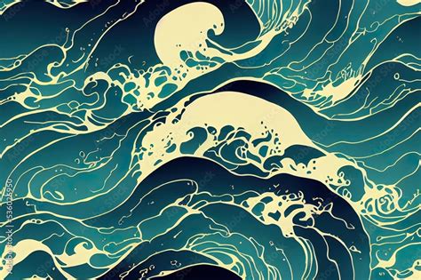 Japanese wave pattern with abstract art background . Water surface and ocean elements template ...