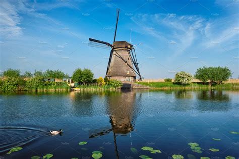 Windmills at Kinderdijk in Holland | Graphics ~ Creative Market