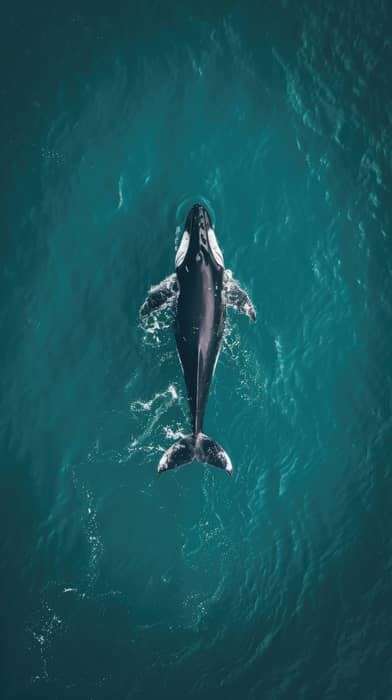 whale from above, aerial view of whale, ocean wildlife, blue whale aerial shot, marine biology ...