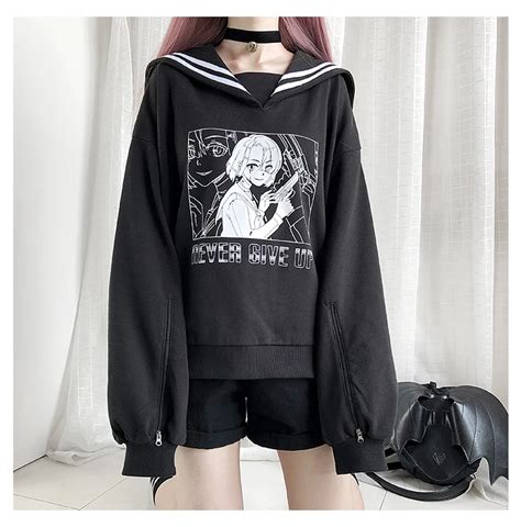 Harajuku Gothic Oversized Hoodie Women Sailor Collar Kawaii Anime Graphic Girls Sweatshirt ...