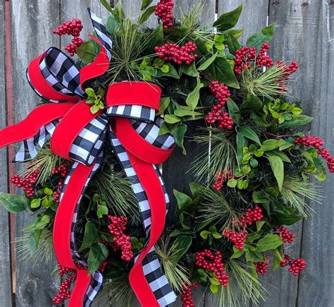 Christmas Wreath Holiday Wreath Black and White Bow Wreath Bright ...