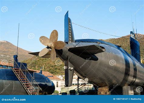 The Propeller of the Submarine. an Old Military Submarine Mounted on Land in a Museum in Tivat ...