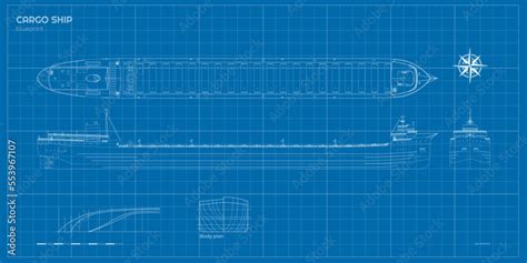 Outline cargo ship blueprint. Front, side and top industrial views of ...