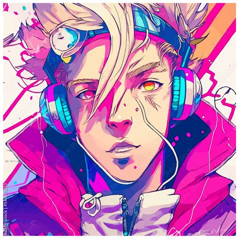 Neon Graffiti Anime Boy with Blond Hair, Pink Jacket, and Headphones. [Vector Illustration ...