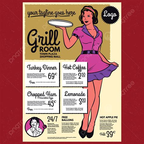 Vintage Diner Poster Menu Template Retro Waitress With A Tray Template Download on Pngtree
