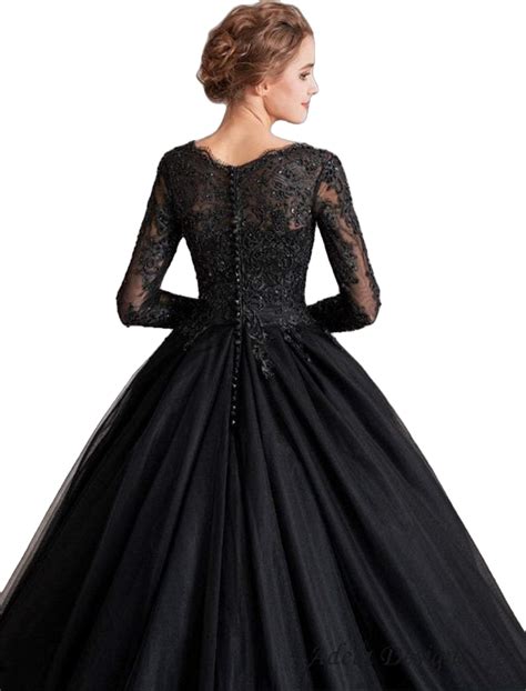 Lace Black Wedding Dress Beaded Sequins Long Sleeve Bridal Ball Gown – TulleLux Bridal Crowns ...