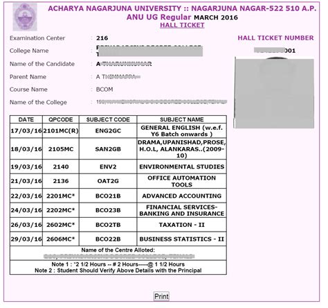 Acharya Nagarjuna University Degree Hall Tickets March 2016 Download