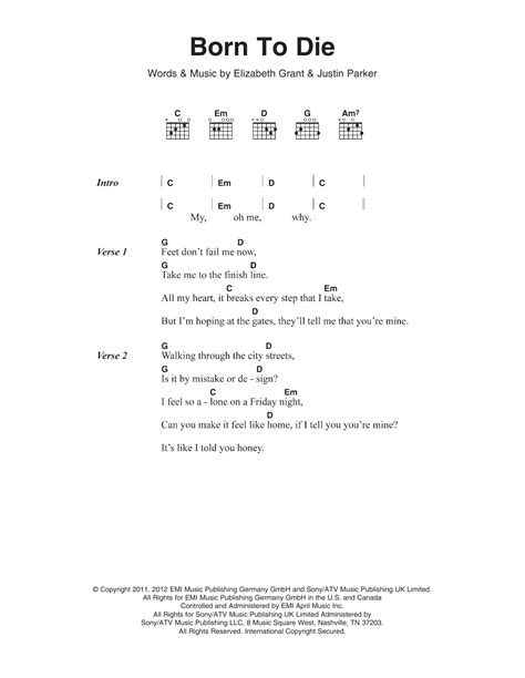 Born To Die by Lana Del Rey Sheet Music for Guitar Chords/Lyrics at Sheet Music Direct