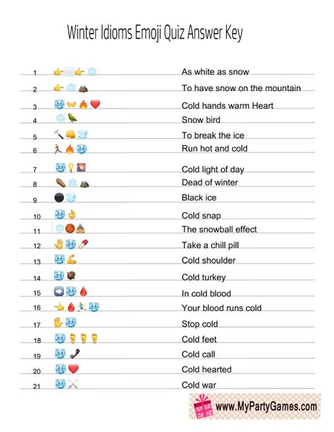 Free Printable Winter Idioms Emoji Quiz with Answer Key