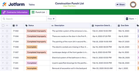 Construction Punch List Template | Jotform Tables