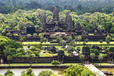 Aerial view of Angkor Wat, as seen from a hot air balloon; Siem Reap ...