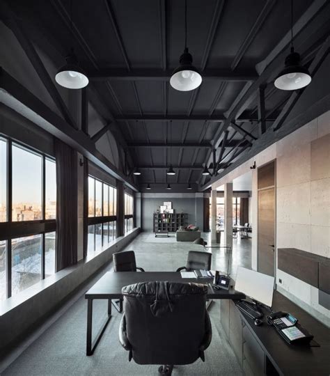 office, executive office, black ceiling, industrial interior, loft, floor concrete | Black ...