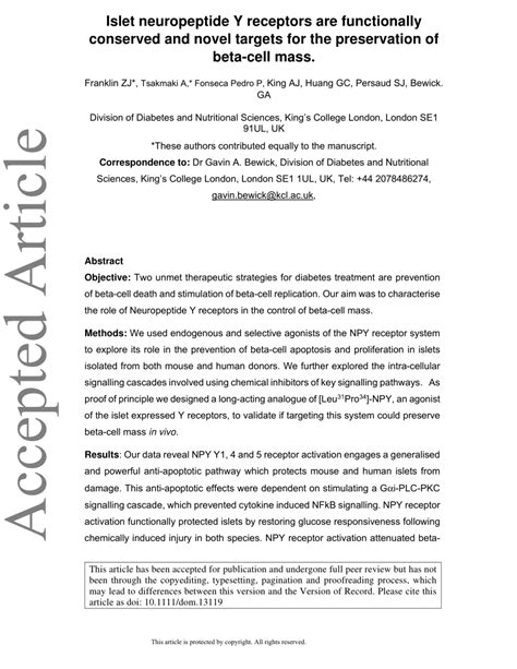 (PDF) Islet neuropeptide Y receptors are functionally conserved and ...