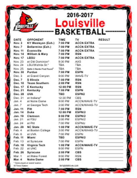 Printable 2016-2017 Louisville Cardinals Basketball Schedule