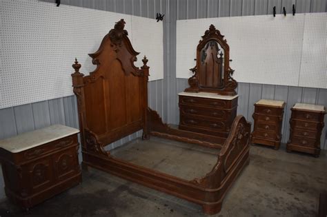 Lot - Walnut Victorian Bedroom Set with Marble Tops