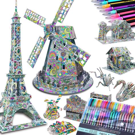 10-PACK 3D Coloring Puzzle Large Architect Models: 10 3-D Puzzles + 48 Gel Pens by Talented Kidz ...