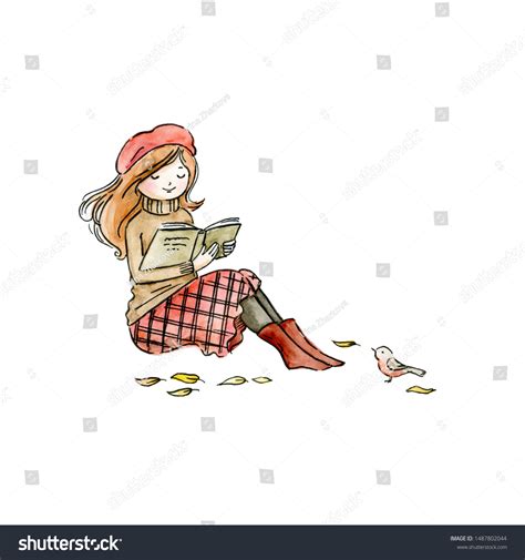 Watercolor Ink Illustration Girl Reading Book Stock Illustration ...