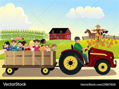 Kids going on a hayride in farm with corn Vector Image