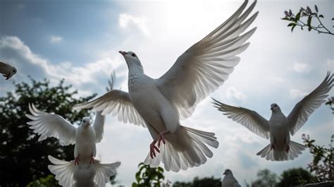 Premium Photo | White pigeons flying in the bright sky set