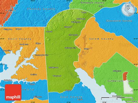 Physical Map of New Castle County, political outside