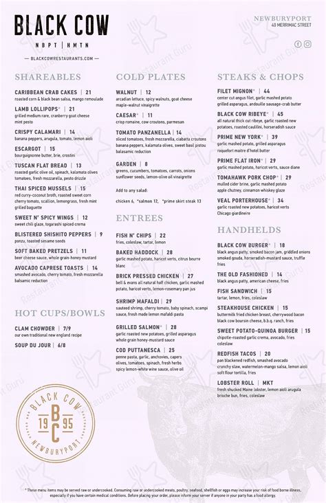 Menu at Black Cow restaurant, Newburyport