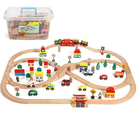 On Track USA Wooden Train Set 100 Piece All in One Wooden Toy Train Tracks Set with Magnetic ...