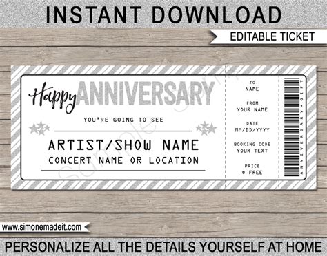 Anniversary Concert Ticket Template | Printable Anniversary Gift Voucher