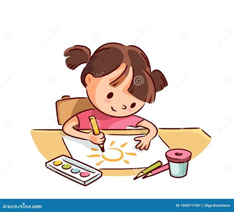 Niña Pequeña Dibujando Con Lápices Y Acuarela Sentada En La Mesa Ilustración del Vector ...