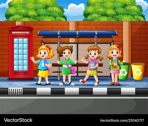 Cartoon of school children in the bus stop Vector Image