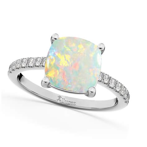 Cushion Cut Opal & Diamond Engagement Ring 14k White Gold 2.81ct - AD7419