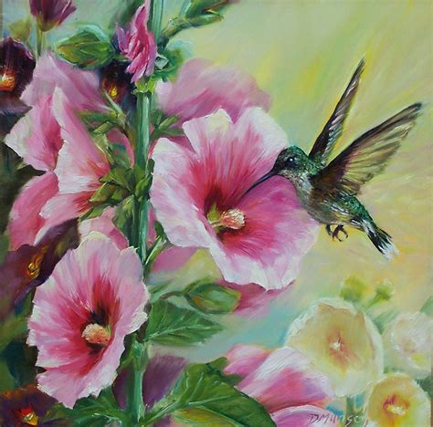 Donna Munsch Fine Art: Original Oil Painting Hollyhock Hummingbird