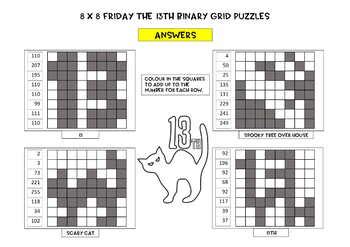 Friday 13th Binary Number 8x8 Grid Puzzles - 4 puzzles, No Prep | TpT