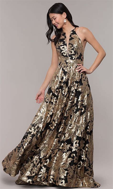 Long Gold Sequin-Print High-Neck Black Prom Dress | Gold and black dress, Gold prom dresses ...