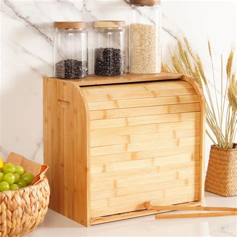 Wooden Bread Box Bamboo 2 Shelf Roll Top Bread Holder Bread Organizer ...