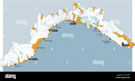 Map of Liguria with rivers, hydro geological map, main cities and provinces. Genoa, Imperia ...