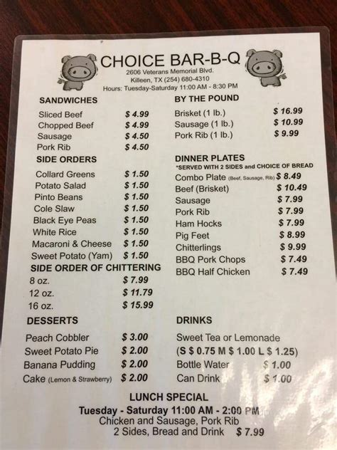 Online Menu of Choice Barbecue Restaurant, Killeen, TX