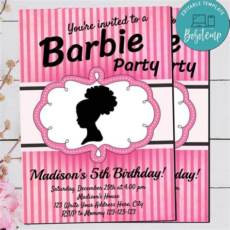 Editable Black Barbie invitations Afro Puff Silhouette Invite DIY ...