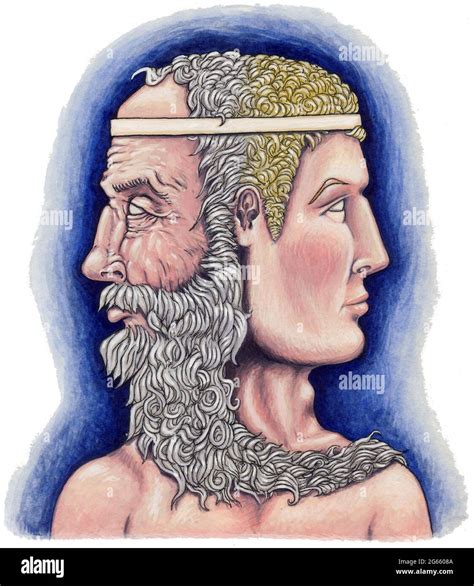 Art work illustration of the Roman god Janus with two faces, one young, one old Janus ...