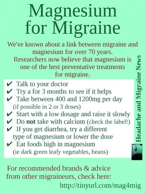 Magnesium for Migraine (graphic) hmmm... I was always told to take mag with Cal... Need to chec ...