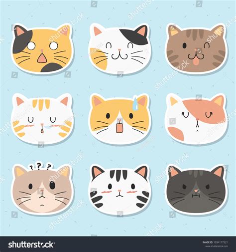 cute cats face stickers pack. cute cats with different emotions cartoon vector pack. printable ...