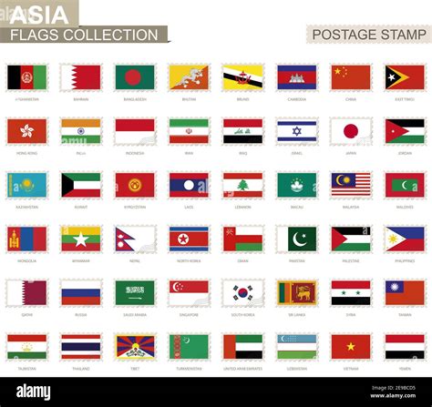 Postage stamp with Asia flags. Set of 48 Asian flag. Vector ...